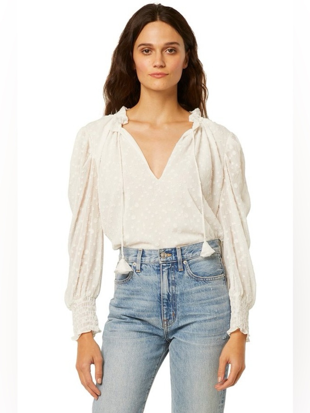Misa Los Angeles Siena Clip Dot Chiffon Lurex Long Sleeve Off White Top Size M